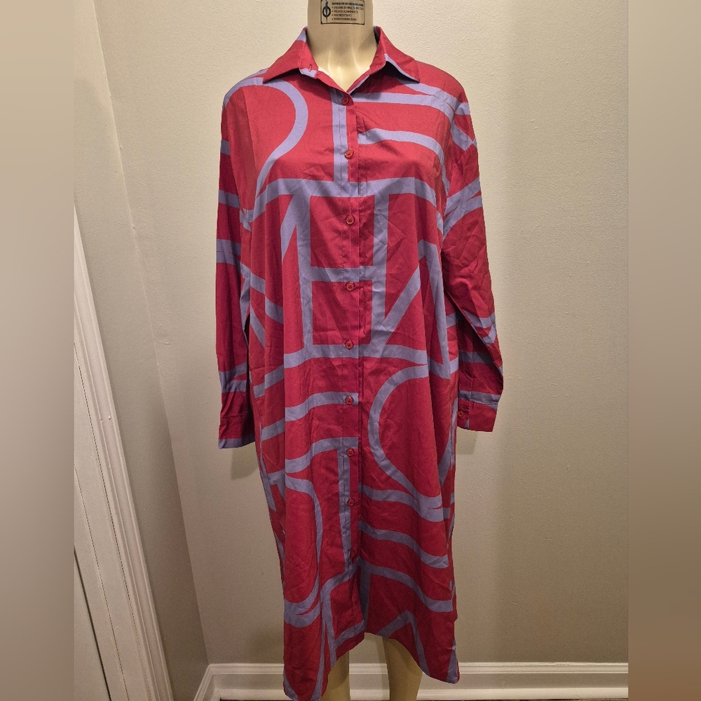 Lightweight Long Sleeve Shirt Dress in Red and Blue